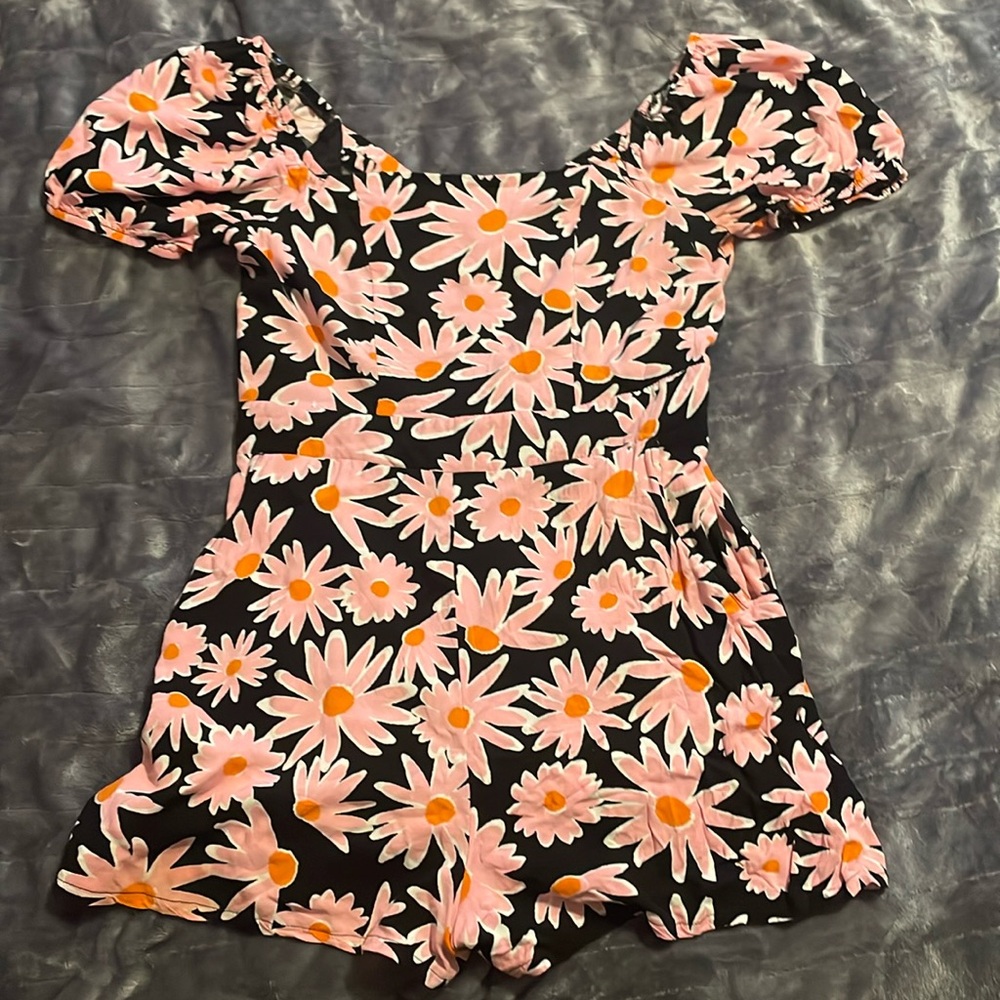 pink orange and black floral printed romper size m